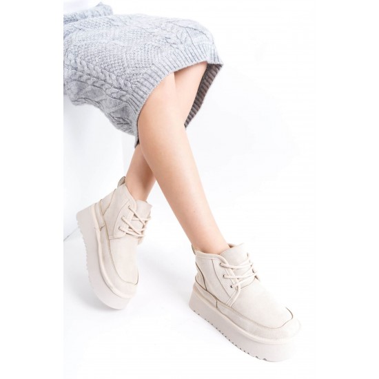 Велурени дамски боти с висока подметка, TRENDELLA, Бежов