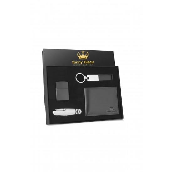 Комплект за мъже, Портфейл, Джобен нож, Запалка, Tonny Black, Черен