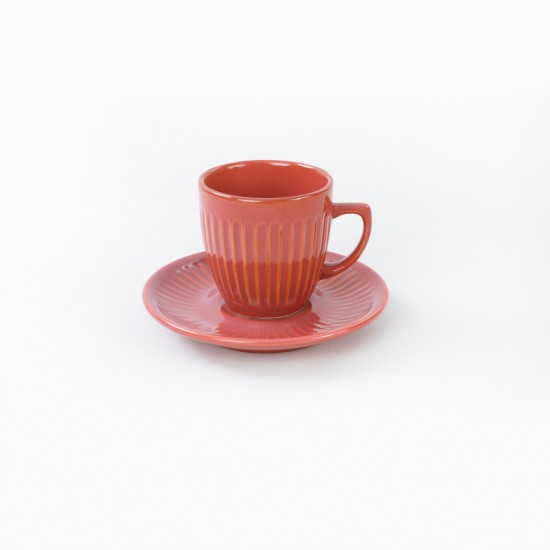 Комплект 6 чаши за кафе с чинийки, Keramika, керамични, Корал, 95 ml, 12 cm