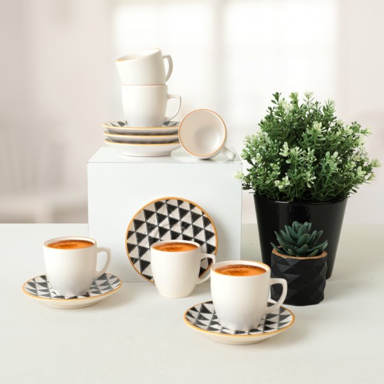 Trigon Magic, Комплект 6 чаши за кафе с чинийки, керамични, Black-White, 95 ml, 12 cm,