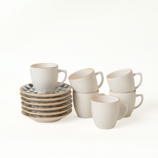 Trigon Magic, Комплект 6 чаши за кафе с чинийки, керамични, Black-White, 95 ml, 12 cm,