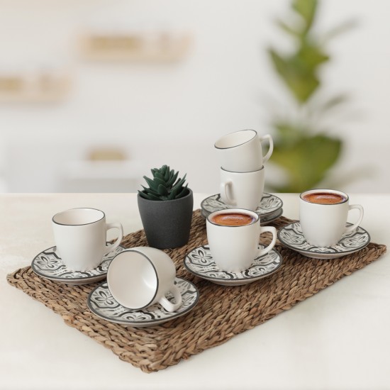 Комплект 6 чаши за кафе с чинийки, Keramika, керамични, Black-White, 95 ml, 12 cm