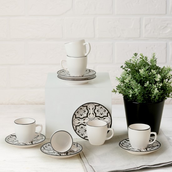 Комплект 6 чаши за кафе с чинийки, Keramika, керамични, Black-White, 95 ml, 12 cm