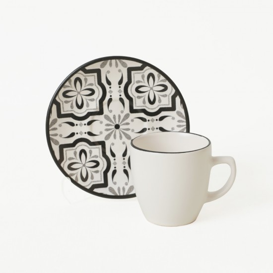 Комплект 6 чаши за кафе с чинийки, Keramika, керамични, Black-White, 95 ml, 12 cm