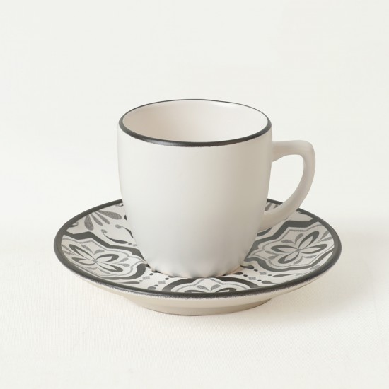 Комплект 6 чаши за кафе с чинийки, Keramika, керамични, Black-White, 95 ml, 12 cm