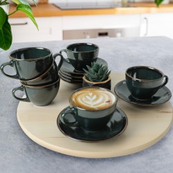 Комплект 6 чаши за кафе с чинийки, Emerald Green, 215 ml, 14 cm