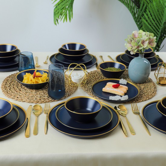 Пълен сервиз за маса, Keramika, GOLD, 24 части, Керамика, матов  Син