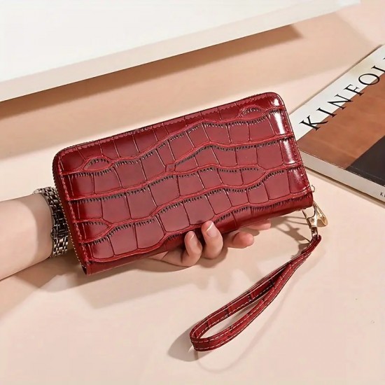Елегантен дамски портфейл с крокодилски модел от изкуствена кожа, Червен,19 x9 cm