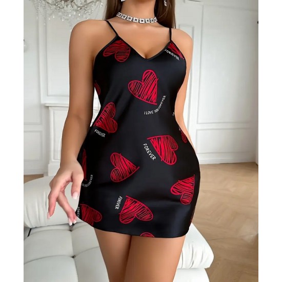 Секси дамска нощница от дантелен еластичен сатен, шарка сърце, черен