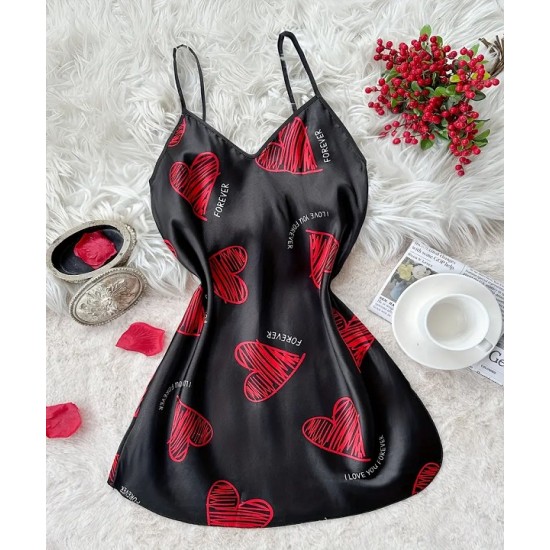 Секси дамска нощница от дантелен еластичен сатен, шарка сърце, черен