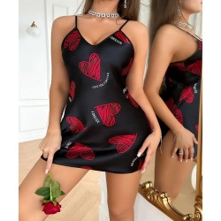 Секси дамска нощница от дантелен еластичен сатен, шарка сърце, черен