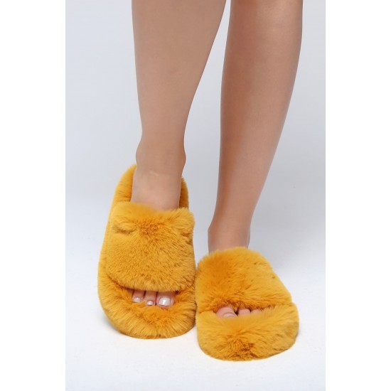 Дамски домашни чехли с пух- Жълт