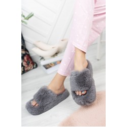 Дамски сиви зимни чехли с пух