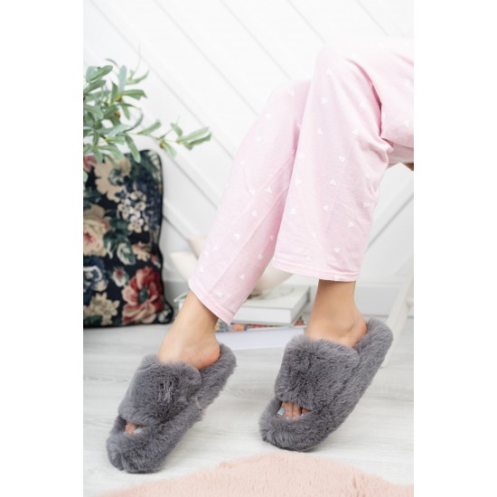 Дамски сиви зимни чехли с пух