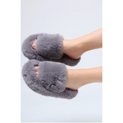 Дамски сиви зимни чехли с пух
