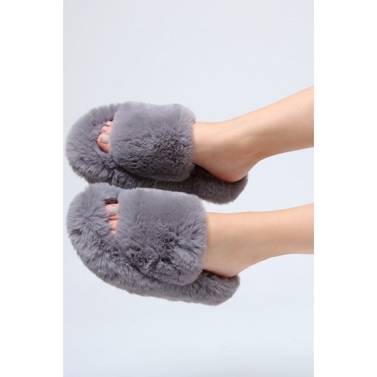 Дамски сиви зимни чехли с пух