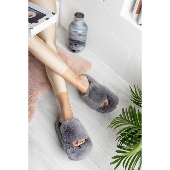 Дамски сиви зимни чехли с пух