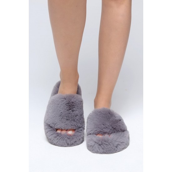 Дамски сиви зимни чехли с пух