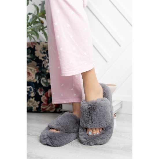 Дамски сиви зимни чехли с пух