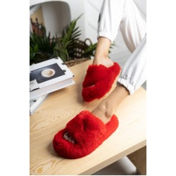 Дамски червени зимни чехли с пух