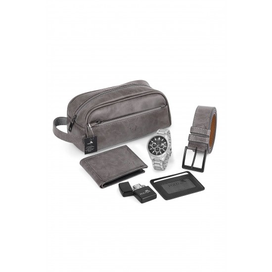 Мъжки комплект, POLO Air,Чанта, Портфейл, Колан, Часовник, Сив