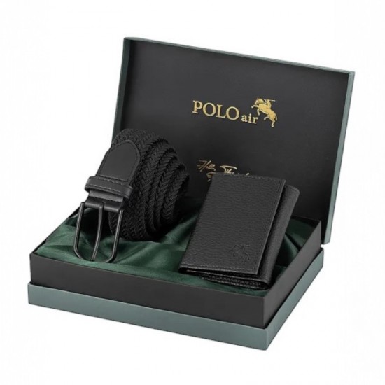 Мъжки комплект, портфейл и плетен колан, Polo Air, черен