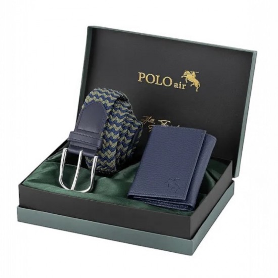 Мъжки комплект, портфейл и плетен колан, Polo Air, тъмносин