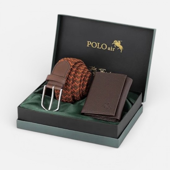Мъжки комплект, портфейл и плетен колан, Polo Air, кафяво
