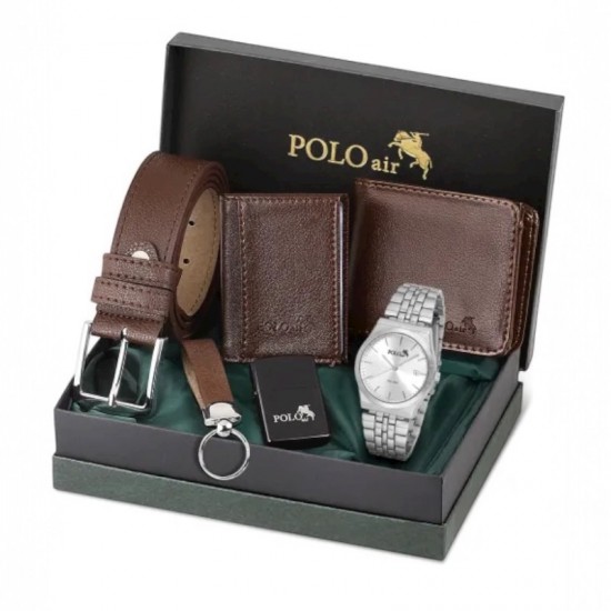 Мъжки подаръчен комплект, запалка Zippo, колан, Сив часовник, портфейл, Polo Air, кафяво
