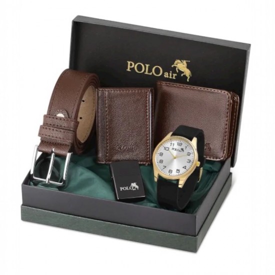 Мъжки подаръчен комплект, запалка Zippo, колан, черен часовник, портфейл, Polo Air, кафяво