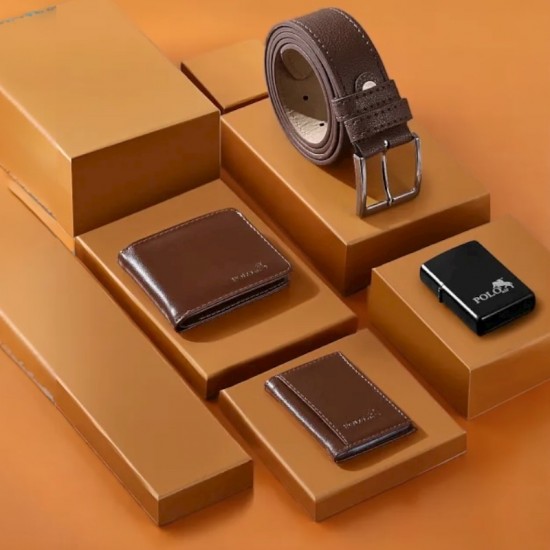 Мъжки подаръчен комплект, запалка Zippo, колан, черен часовник, портфейл, Polo Air, кафяво