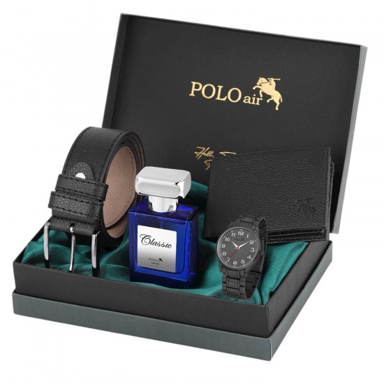 Мъжки подаръчен комплект, Портфейл, Колан, Часовник, 55 мл Парфюм, Черен, POLO Air