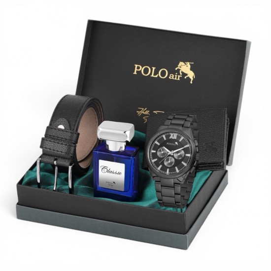 Мъжки подаръчен комплект Polo Air – Часовник, колан, портфейл и парфюм, Черен