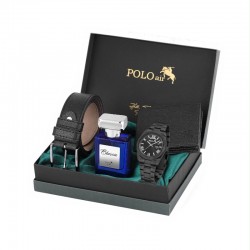 Мъжки подаръчен комплект POLO Air: Часовник, Колан, Портфейл и Парфюм, Черен