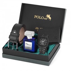 Мъжки подаръчен комплект POLO Air: Квадратен часовник, Колан, Портфейл и Парфюм, Черен