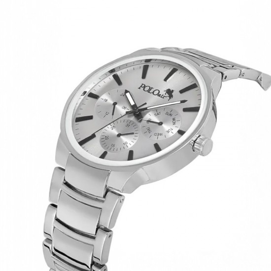 Мъжки подаръчен комплект, колан, сив часовник, 55 мл парфюм, портфейл, Polo Air, черен