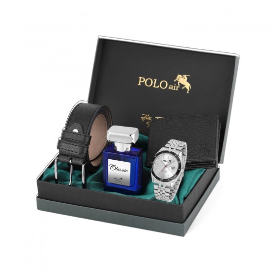 Мъжки подаръчен комплект, колан, сив часовник, 55 мл парфюм, портфейл, черен, Polo Air