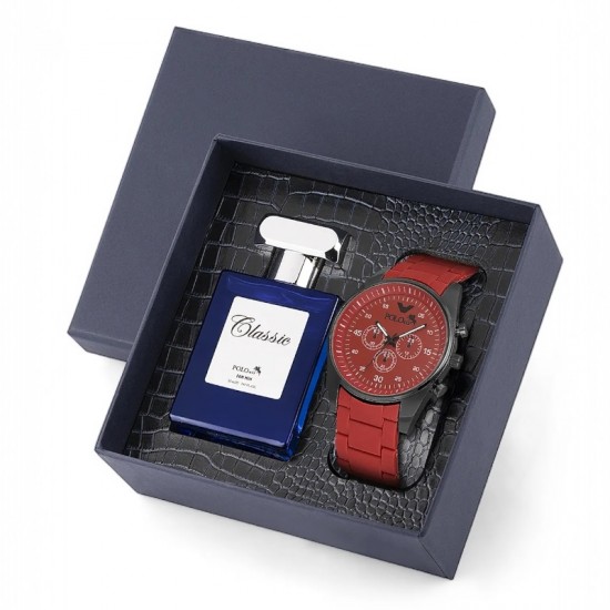 Мъжки комплект, 55 мл Парфюм и часовник, Polo Air, червен