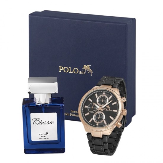 Мъжки комплект, 55 мл Парфюм и часовник, Polo Air, Злато/Черно