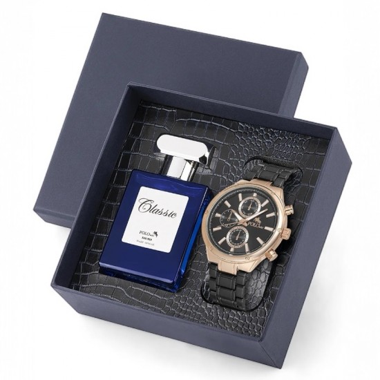 Мъжки комплект, 55 мл Парфюм и часовник, Polo Air, Злато/Черно