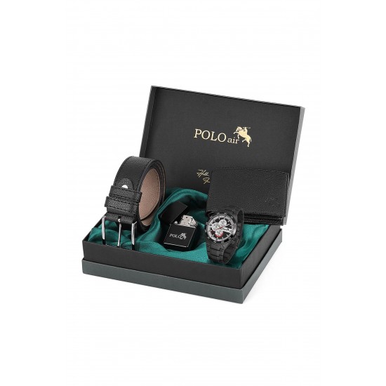 Мъжки подаръчен комплект, запалка Zippo, колан, часовник, портфейл, Polo Air, черен