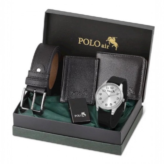 Мъжки подаръчен комплект, запалка Zippo, колан, часовник, портфейл, Polo Air, черен 