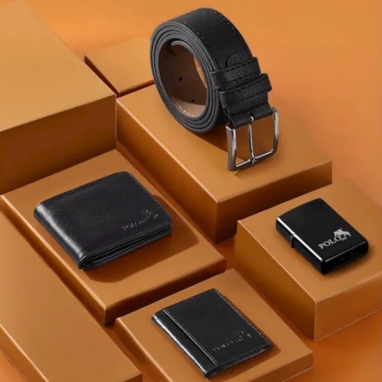 Мъжки подаръчен комплект, запалка Zippo, колан, часовник, портфейл, Polo Air, черен 