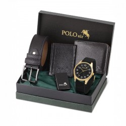 Мъжки подаръчен комплект, запалка, колан, часовник, портфейл, Polo Air, черен 