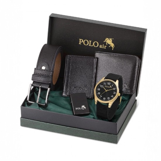 Мъжки подаръчен комплект, запалка, колан, часовник, портфейл, Polo Air, черен 