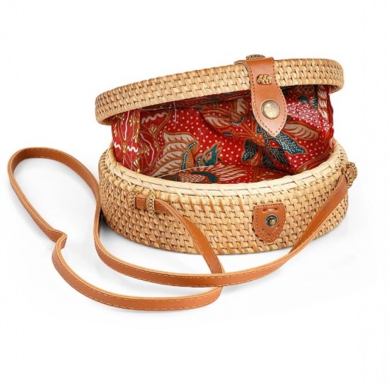 Дамска сламена плажна чанта, Polo Air, ръчна изработка, кръгла, 21х7 см, Бежово