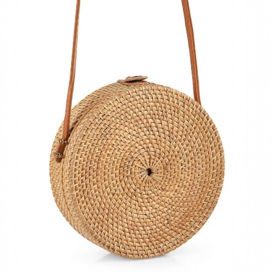 Дамска сламена плажна чанта, Polo Air, ръчна изработка, кръгла, 21х7 см, Бежово