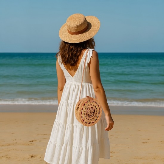 Дамска сламена плажна чанта, Polo Air, ръчна изработка, кръгла, 21х7 см, Бежово